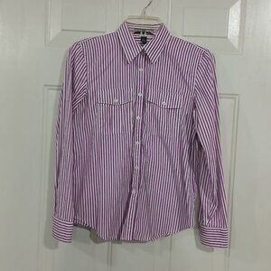 Lauren Ralph Lauren Women Purple Striped Long Sleeve Pockets Collar